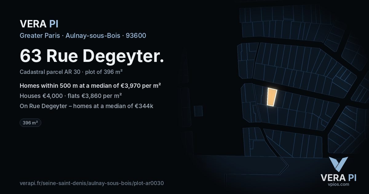 63 Rue Degeyter, Aulnay-sous-Bois at night – the plot lit, the parcels around coloured by the prices near them