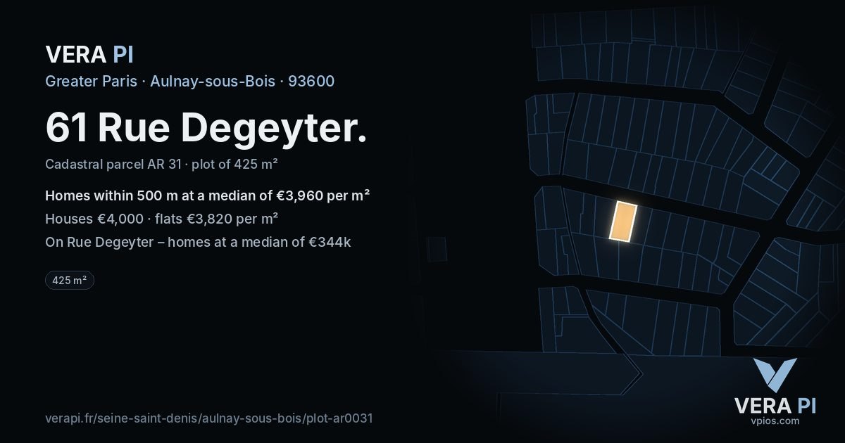 61 Rue Degeyter, Aulnay-sous-Bois at night – the plot lit, the parcels around coloured by the prices near them