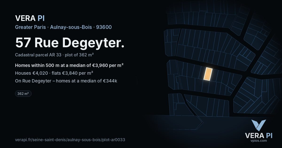 57 Rue Degeyter, Aulnay-sous-Bois at night – the plot lit, the parcels around coloured by the prices near them