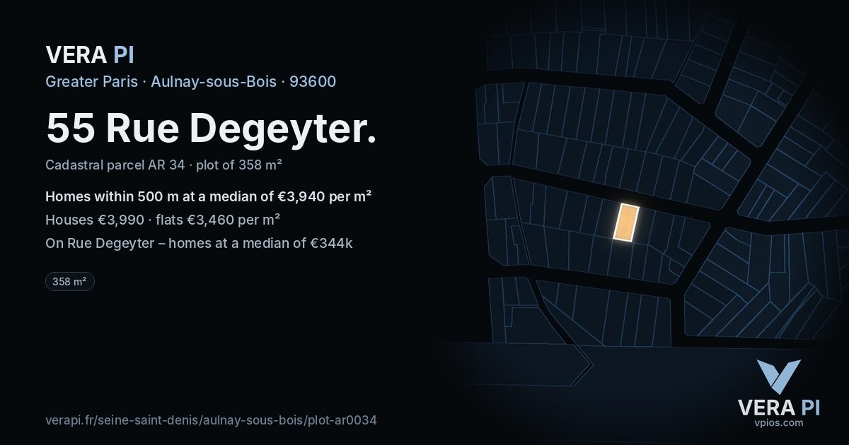 55 Rue Degeyter, Aulnay-sous-Bois at night – the plot lit, the parcels around coloured by the prices near them