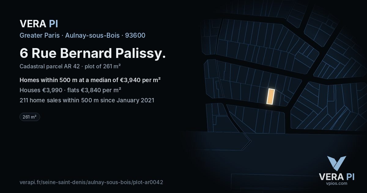 6 Rue Bernard Palissy, Aulnay-sous-Bois at night – the plot lit, the parcels around coloured by the prices near them
