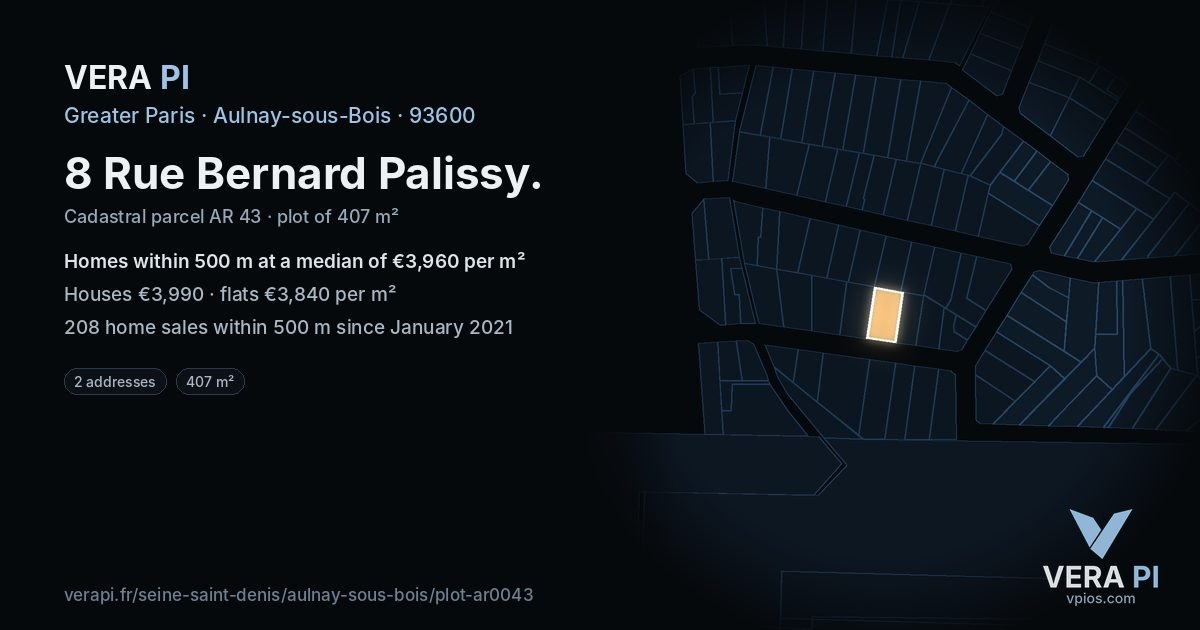8 Rue Bernard Palissy, Aulnay-sous-Bois at night – the plot lit, the parcels around coloured by the prices near them