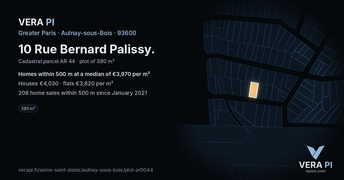 10 Rue Bernard Palissy, Aulnay-sous-Bois at night – the plot lit, the parcels around coloured by the prices near them