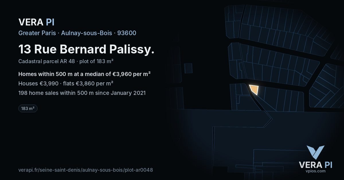 13 Rue Bernard Palissy, Aulnay-sous-Bois at night – the plot lit, the parcels around coloured by the prices near them