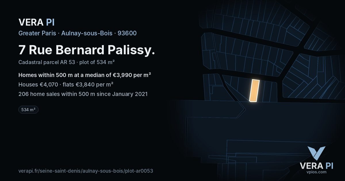7 Rue Bernard Palissy, Aulnay-sous-Bois at night – the plot lit, the parcels around coloured by the prices near them