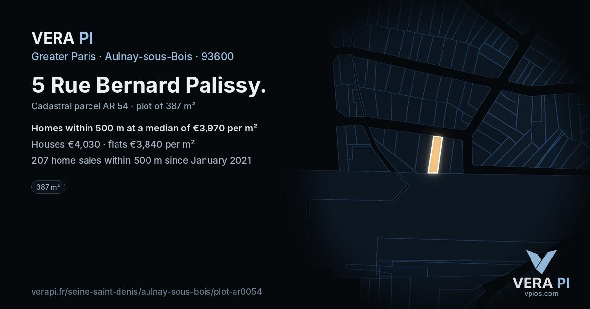 5 Rue Bernard Palissy, Aulnay-sous-Bois at night – the plot lit, the parcels around coloured by the prices near them