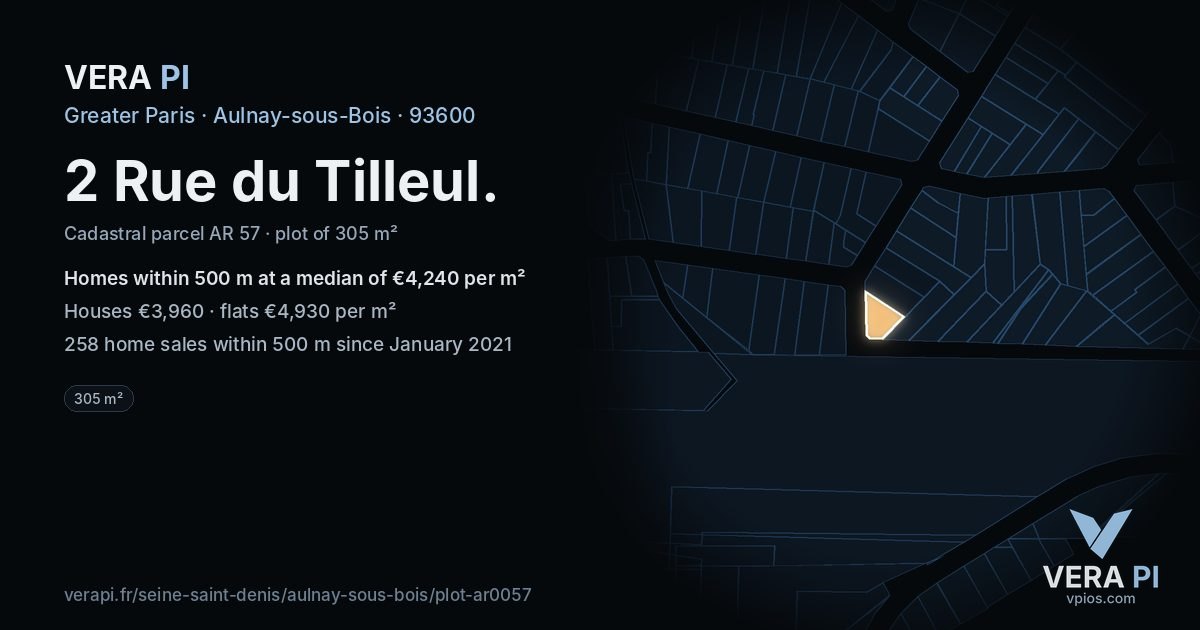2 Rue du Tilleul, Aulnay-sous-Bois at night – the plot lit, the parcels around coloured by the prices near them