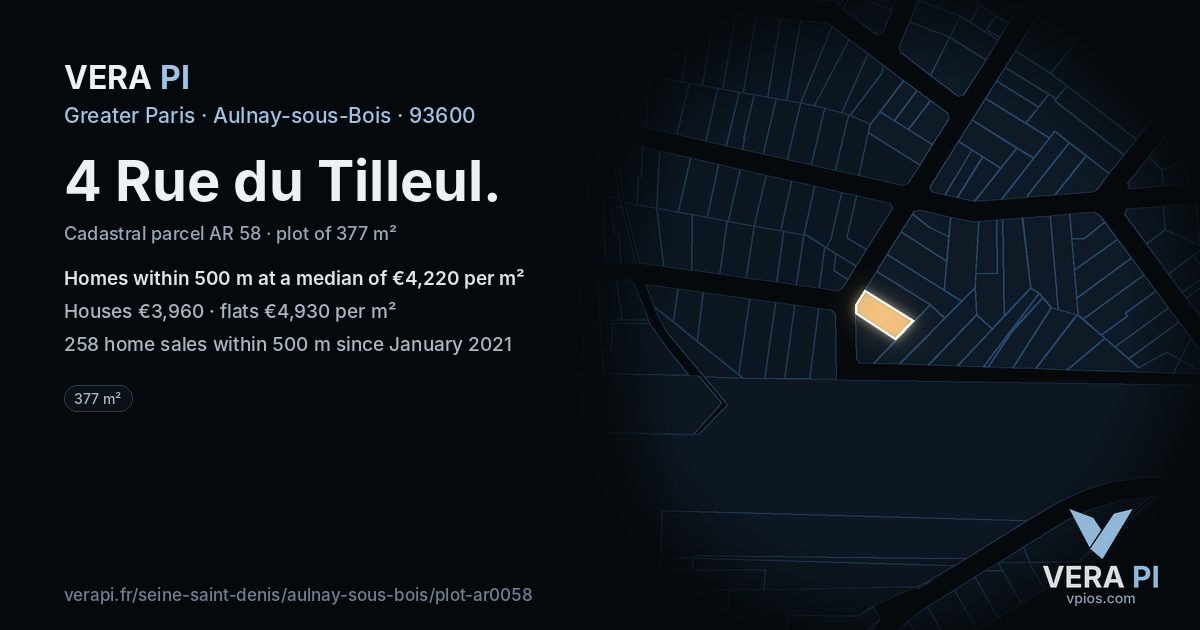 4 Rue du Tilleul, Aulnay-sous-Bois at night – the plot lit, the parcels around coloured by the prices near them