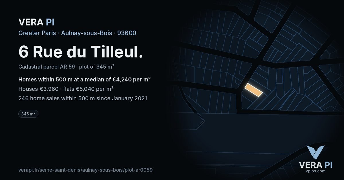 6 Rue du Tilleul, Aulnay-sous-Bois at night – the plot lit, the parcels around coloured by the prices near them