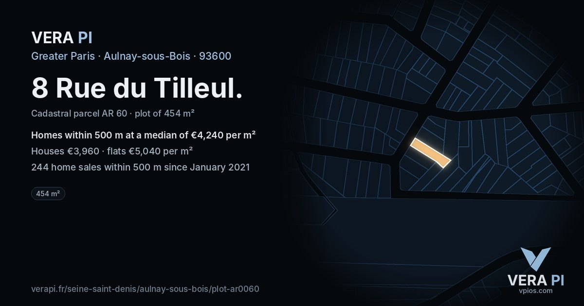 8 Rue du Tilleul, Aulnay-sous-Bois at night – the plot lit, the parcels around coloured by the prices near them