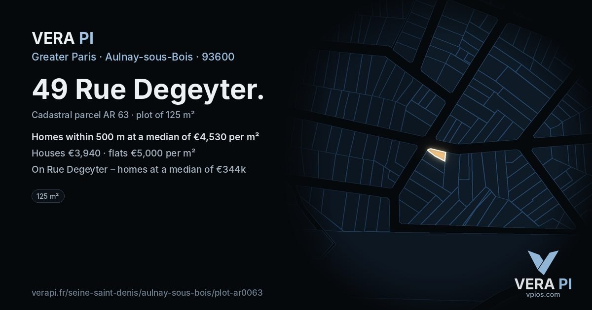 49 Rue Degeyter, Aulnay-sous-Bois at night – the plot lit, the parcels around coloured by the prices near them