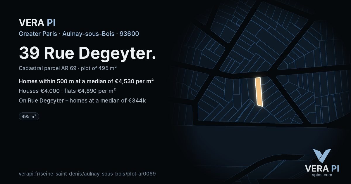 39 Rue Degeyter, Aulnay-sous-Bois at night – the plot lit, the parcels around coloured by the prices near them