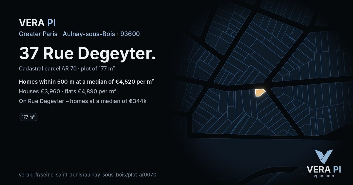 37 Rue Degeyter, Aulnay-sous-Bois at night – the plot lit, the parcels around coloured by the prices near them