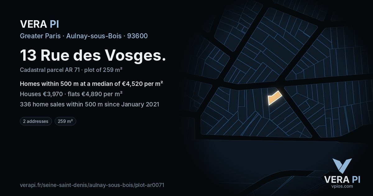 13 Rue des Vosges, Aulnay-sous-Bois at night – the plot lit, the parcels around coloured by the prices near them