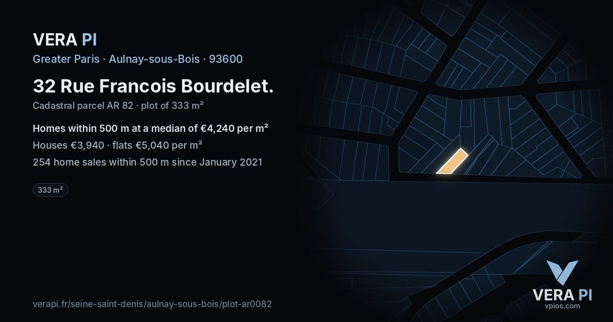 32 Rue Francois Bourdelet, Aulnay-sous-Bois at night – the plot lit, the parcels around coloured by the prices near them