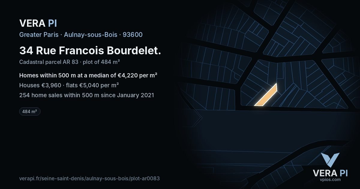34 Rue Francois Bourdelet, Aulnay-sous-Bois at night – the plot lit, the parcels around coloured by the prices near them