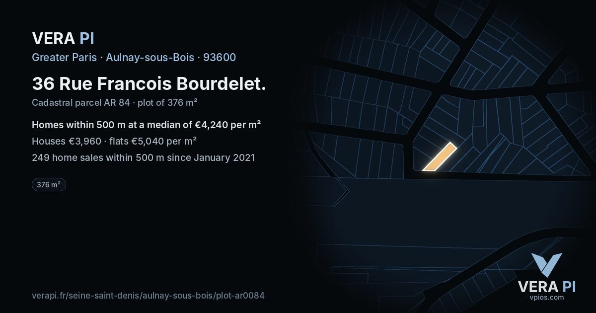36 Rue Francois Bourdelet, Aulnay-sous-Bois at night – the plot lit, the parcels around coloured by the prices near them
