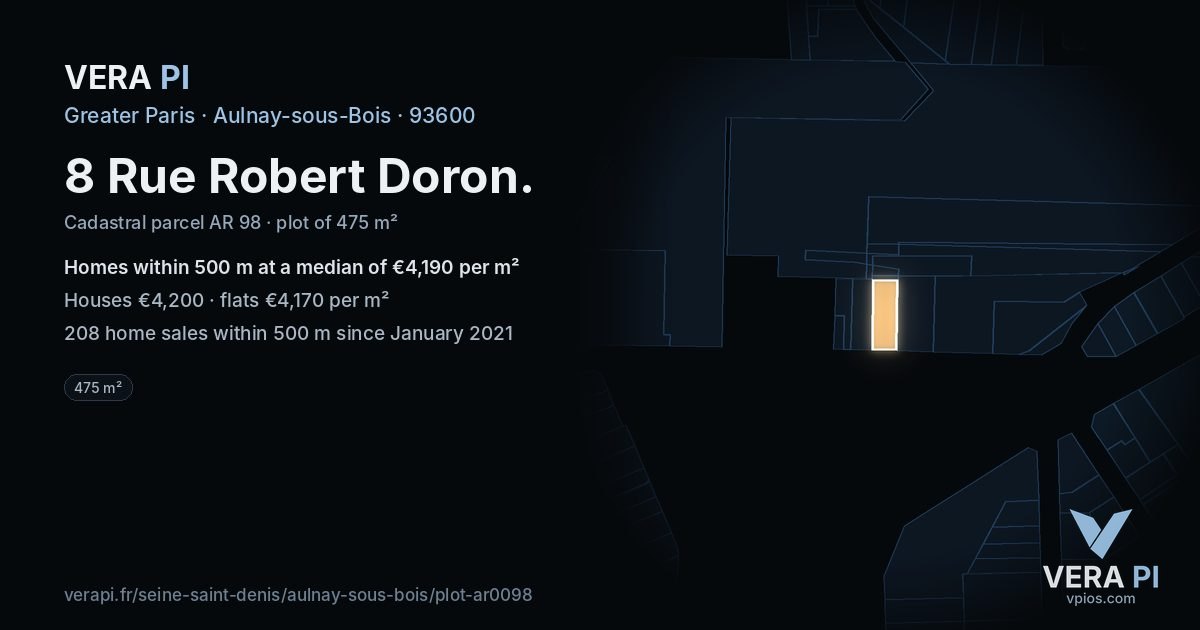 8 Rue Robert Doron, Aulnay-sous-Bois at night – the plot lit, the parcels around coloured by the prices near them