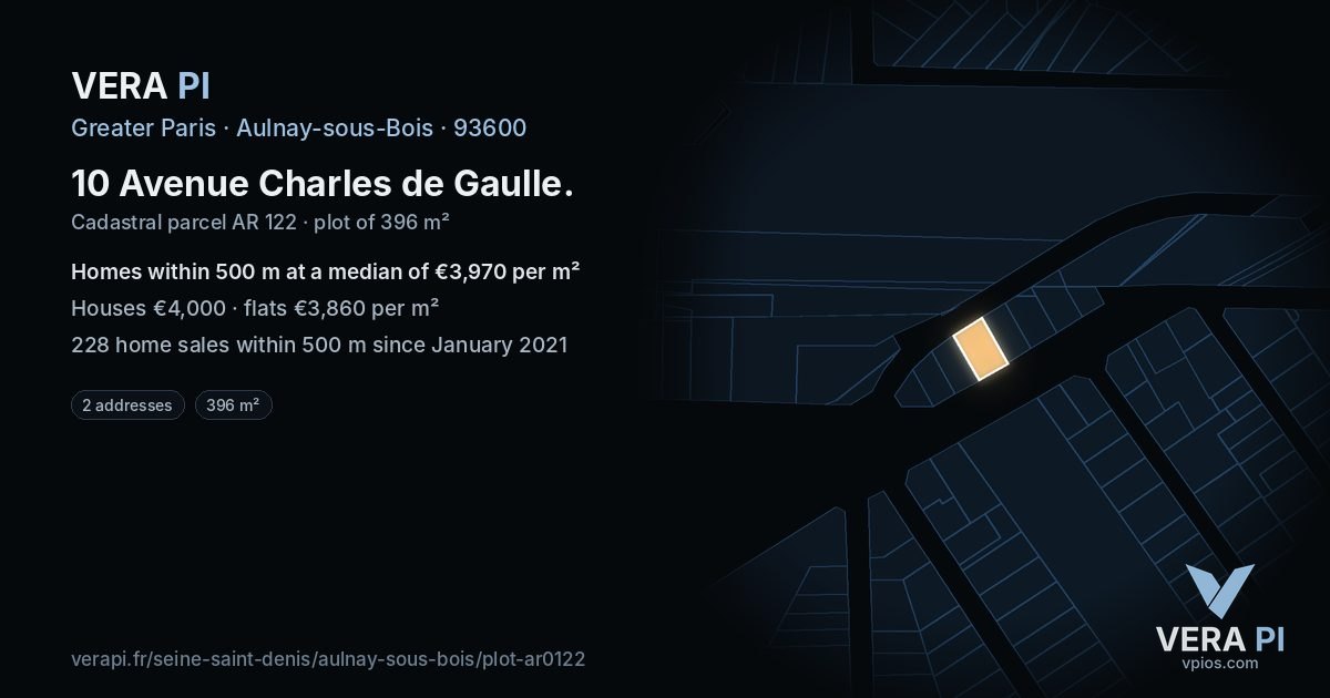 10 Avenue Charles de Gaulle, Aulnay-sous-Bois at night – the plot lit, the parcels around coloured by the prices near them