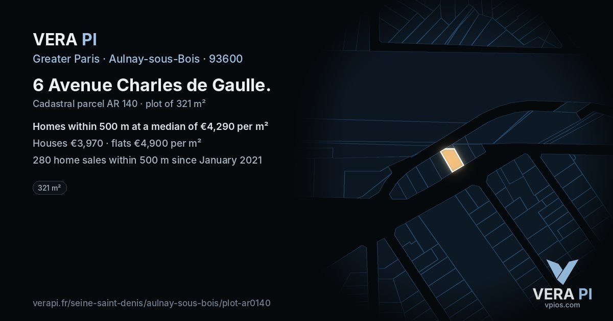 6 Avenue Charles de Gaulle, Aulnay-sous-Bois at night – the plot lit, the parcels around coloured by the prices near them