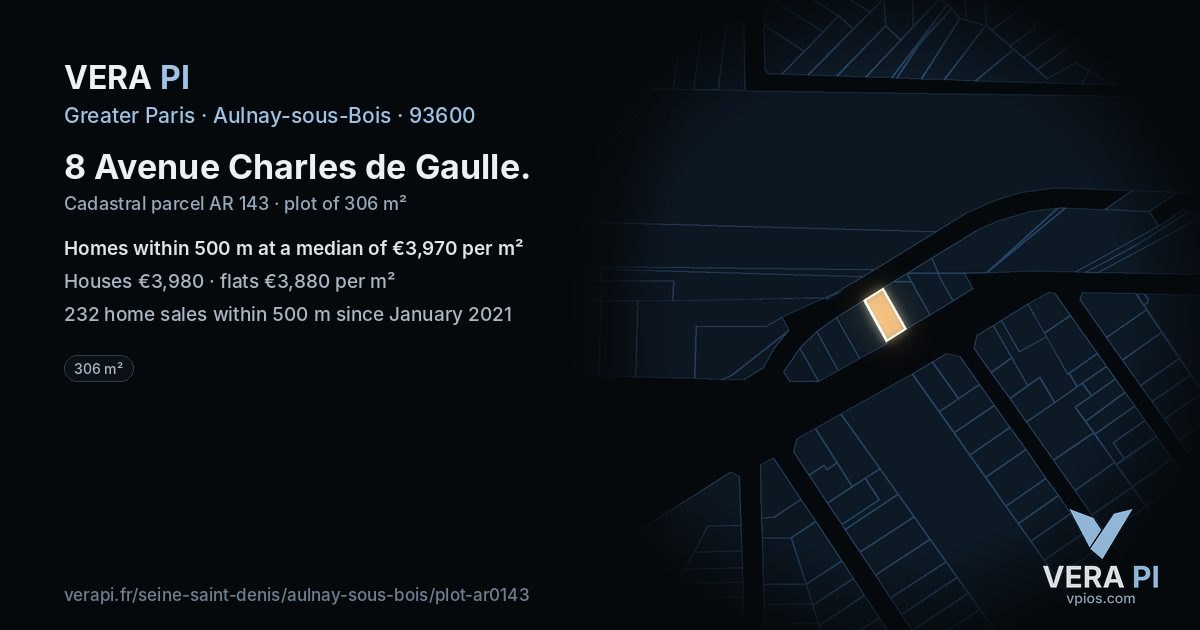 8 Avenue Charles de Gaulle, Aulnay-sous-Bois at night – the plot lit, the parcels around coloured by the prices near them