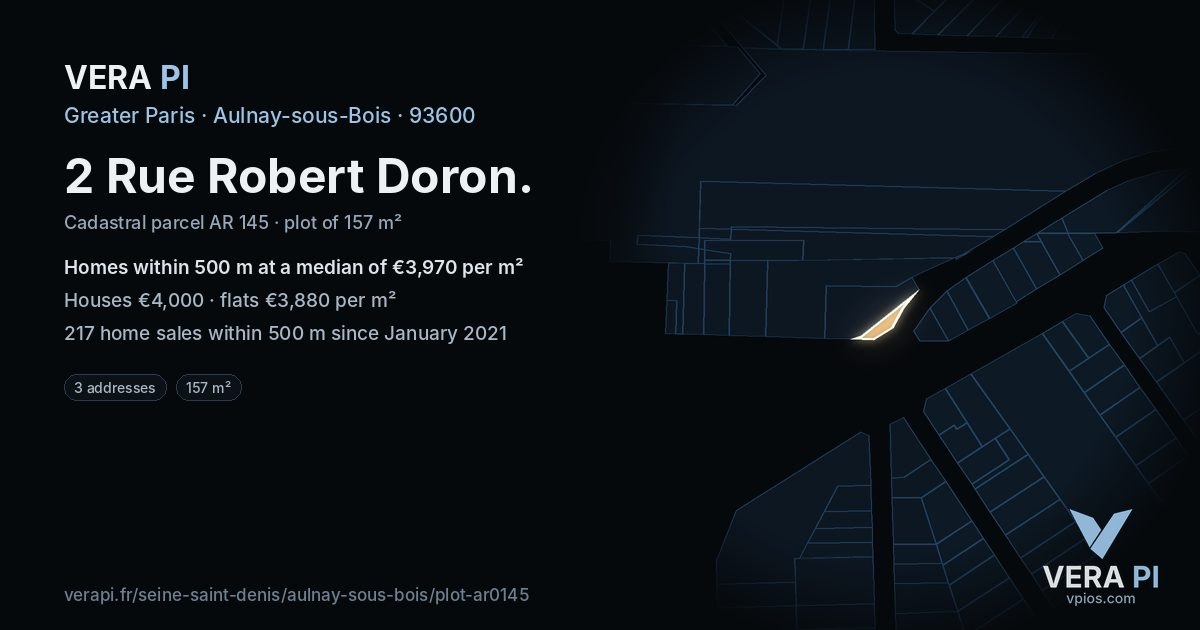 2 Rue Robert Doron, Aulnay-sous-Bois at night – the plot lit, the parcels around coloured by the prices near them