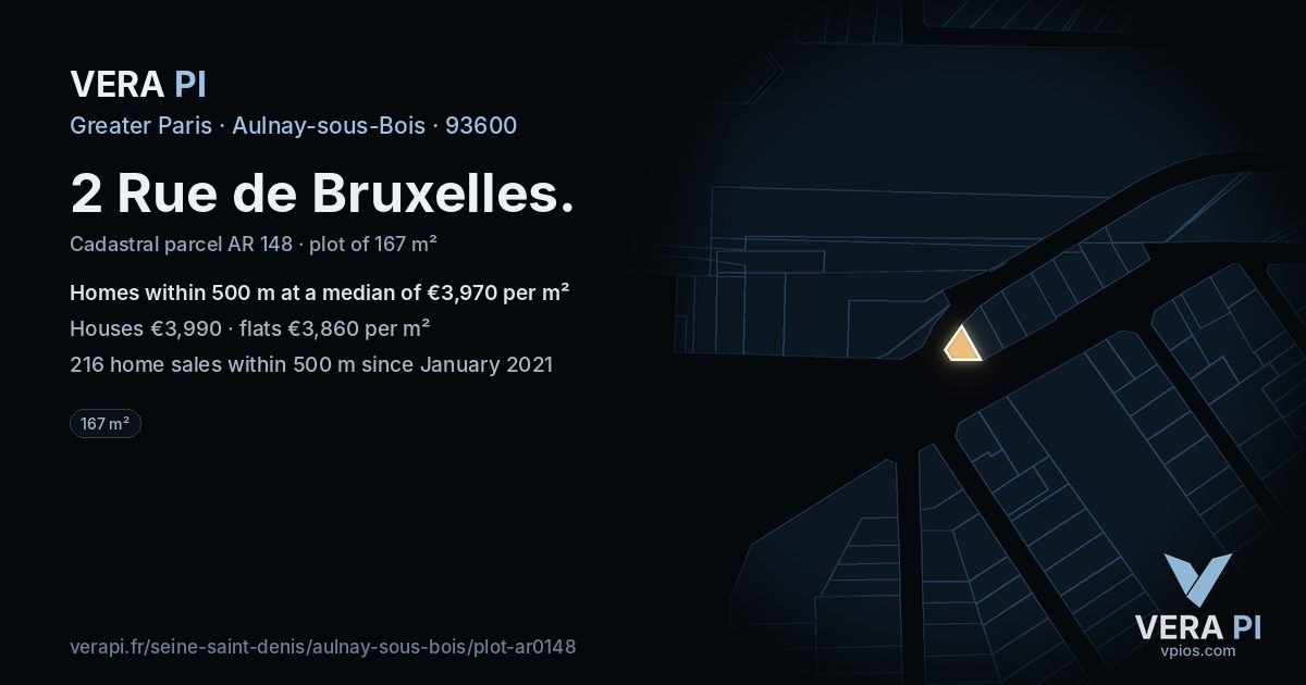 2 Rue de Bruxelles, Aulnay-sous-Bois at night – the plot lit, the parcels around coloured by the prices near them