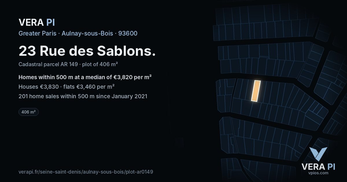 23 Rue des Sablons, Aulnay-sous-Bois at night – the plot lit, the parcels around coloured by the prices near them