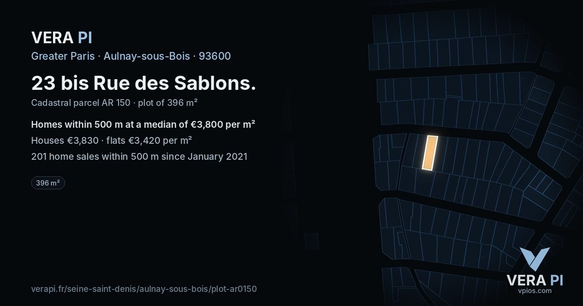 23 bis Rue des Sablons, Aulnay-sous-Bois at night – the plot lit, the parcels around coloured by the prices near them