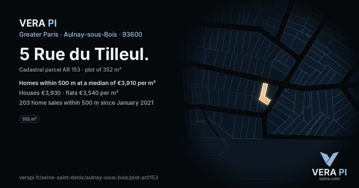 5 Rue du Tilleul, Aulnay-sous-Bois at night – the plot lit, the parcels around coloured by the prices near them