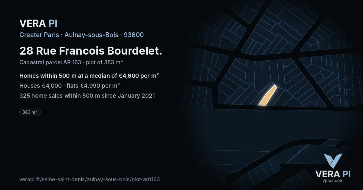 28 Rue Francois Bourdelet, Aulnay-sous-Bois at night – the plot lit, the parcels around coloured by the prices near them