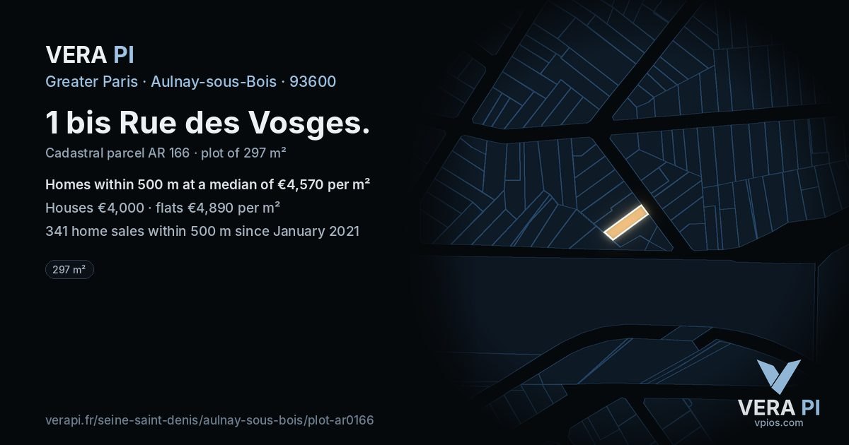 1 bis Rue des Vosges, Aulnay-sous-Bois at night – the plot lit, the parcels around coloured by the prices near them