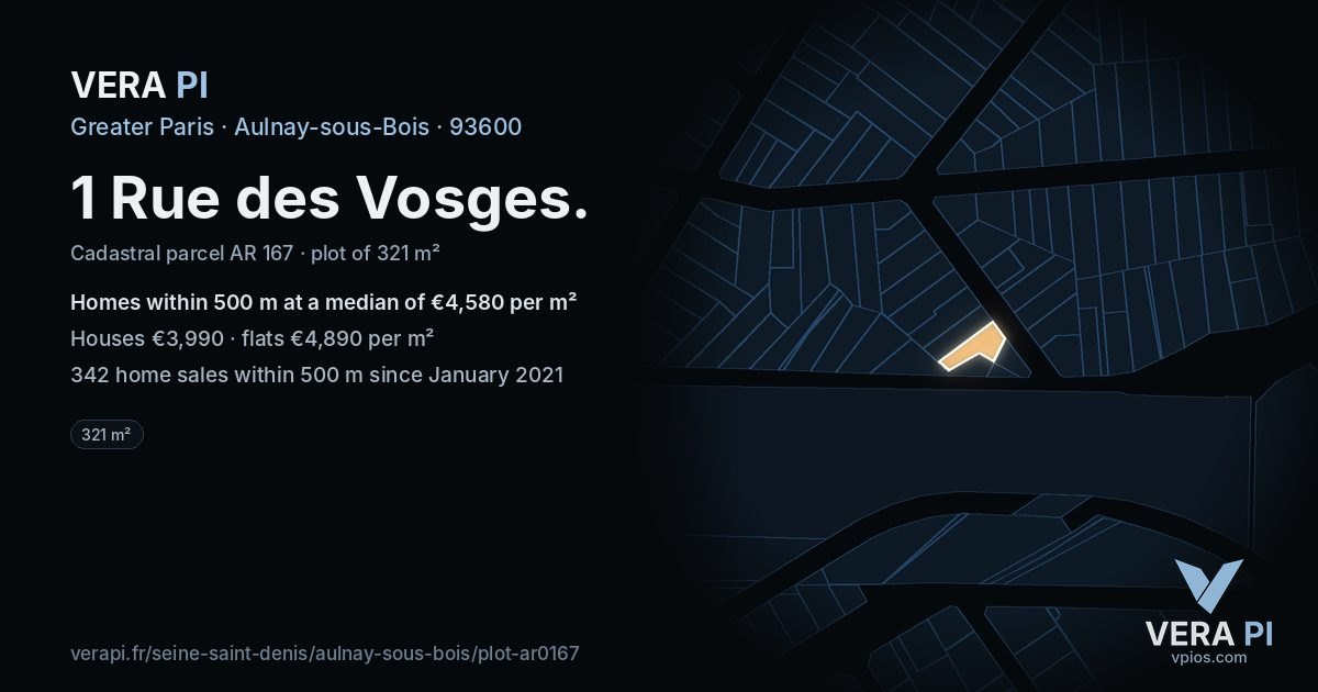 1 Rue des Vosges, Aulnay-sous-Bois at night – the plot lit, the parcels around coloured by the prices near them