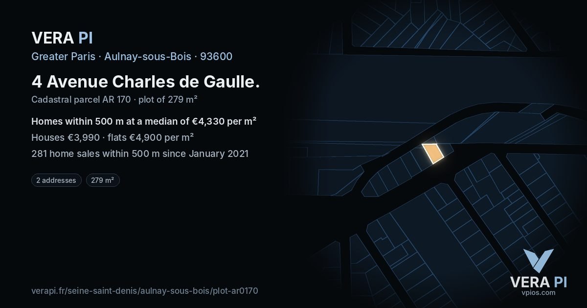 4 Avenue Charles de Gaulle, Aulnay-sous-Bois at night – the plot lit, the parcels around coloured by the prices near them
