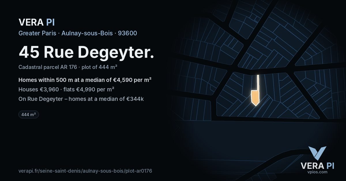 45 Rue Degeyter, Aulnay-sous-Bois at night – the plot lit, the parcels around coloured by the prices near them