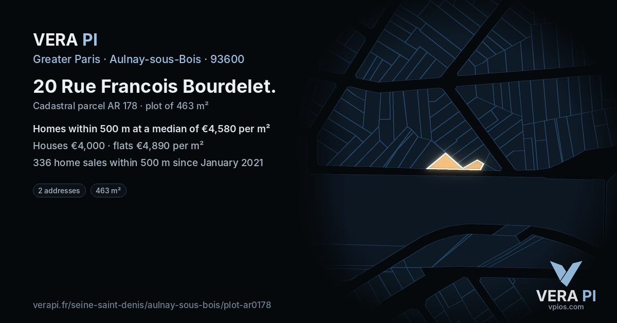 20 Rue Francois Bourdelet, Aulnay-sous-Bois at night – the plot lit, the parcels around coloured by the prices near them