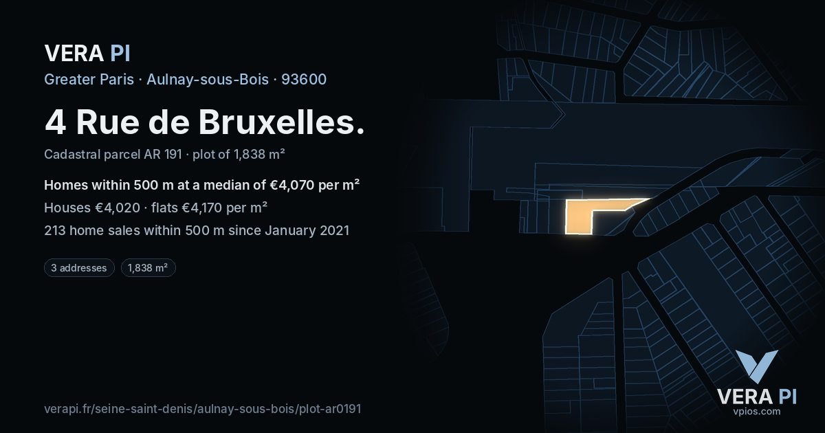 4 Rue de Bruxelles, Aulnay-sous-Bois at night – the plot lit, the parcels around coloured by the prices near them