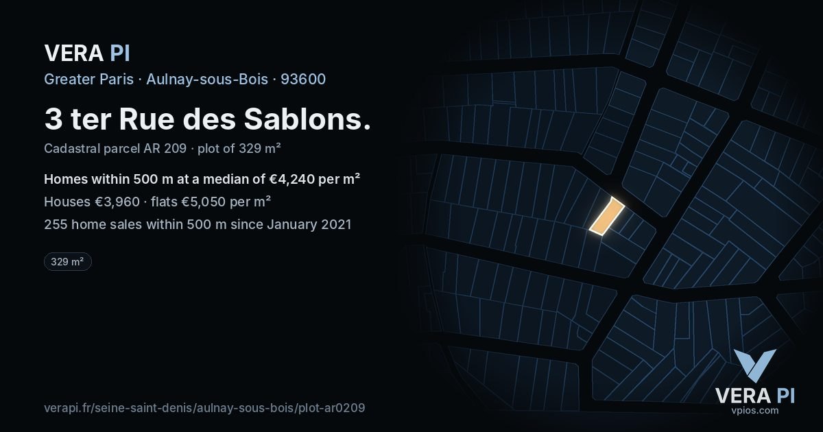 3 ter Rue des Sablons, Aulnay-sous-Bois at night – the plot lit, the parcels around coloured by the prices near them