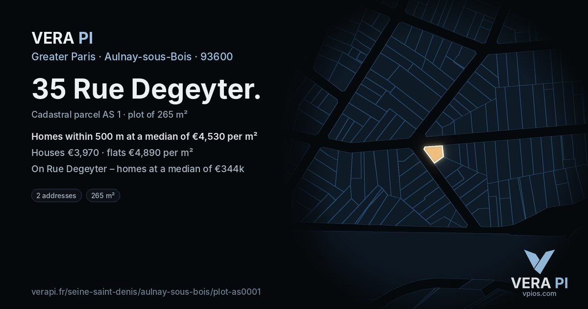 35 Rue Degeyter, Aulnay-sous-Bois at night – the plot lit, the parcels around coloured by the prices near them