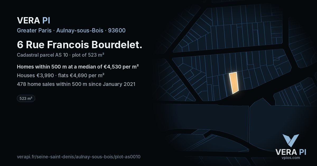 6 Rue Francois Bourdelet, Aulnay-sous-Bois at night – the plot lit, the parcels around coloured by the prices near them