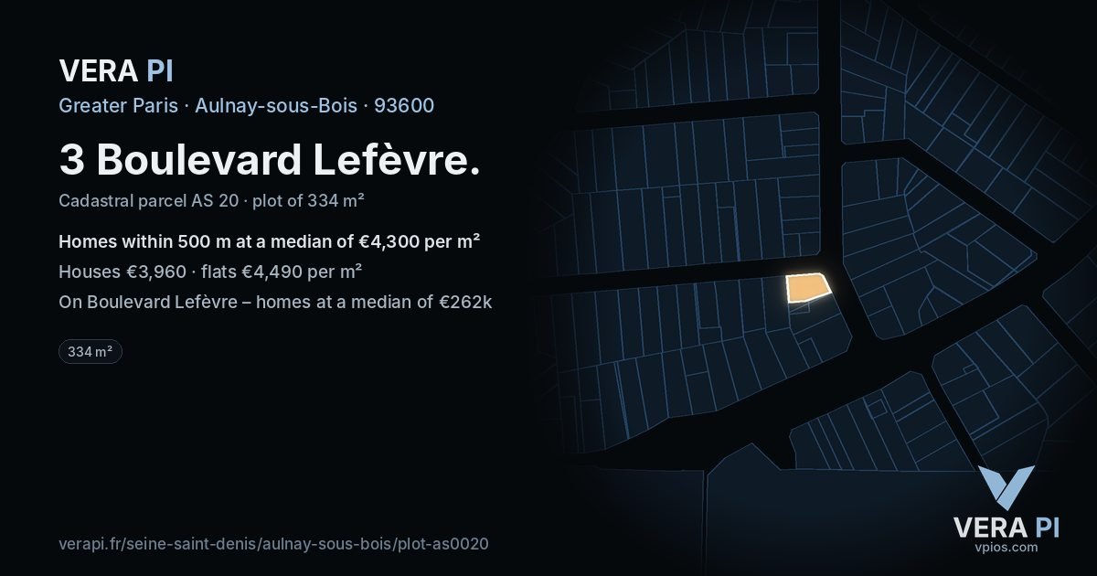 3 Boulevard Lefèvre, Aulnay-sous-Bois at night – the plot lit, the parcels around coloured by the prices near them
