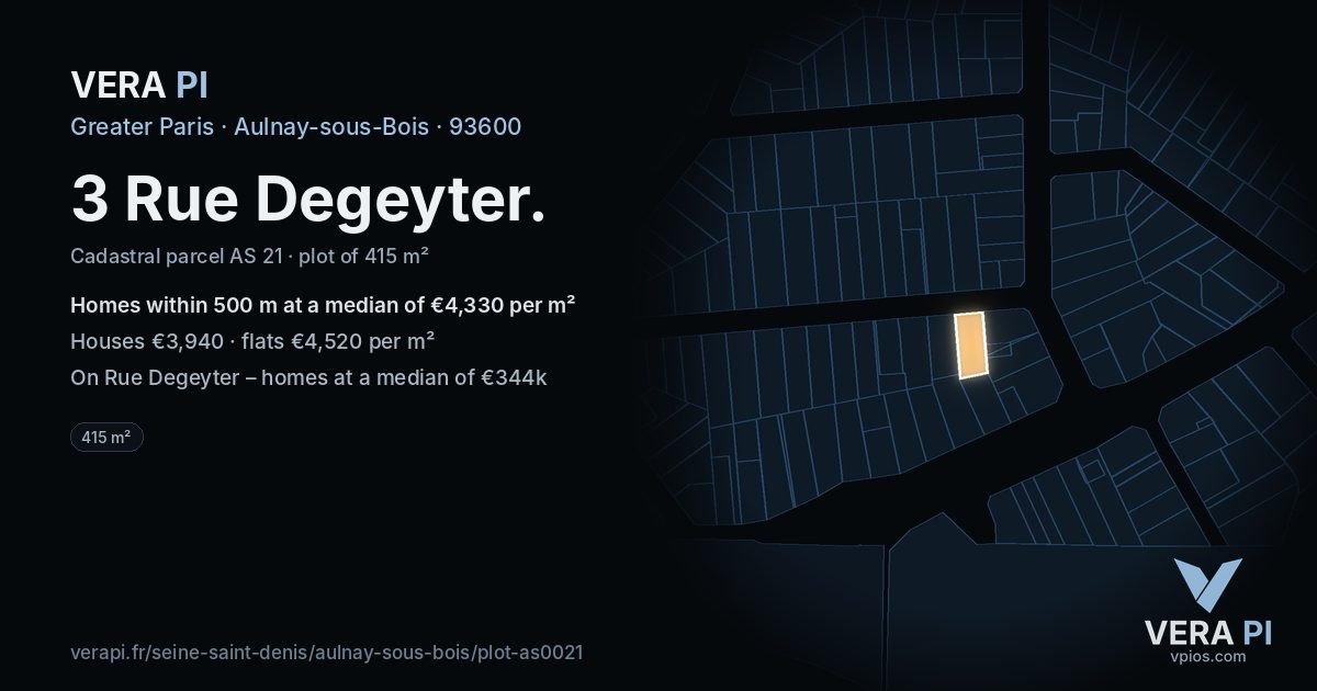 3 Rue Degeyter, Aulnay-sous-Bois at night – the plot lit, the parcels around coloured by the prices near them