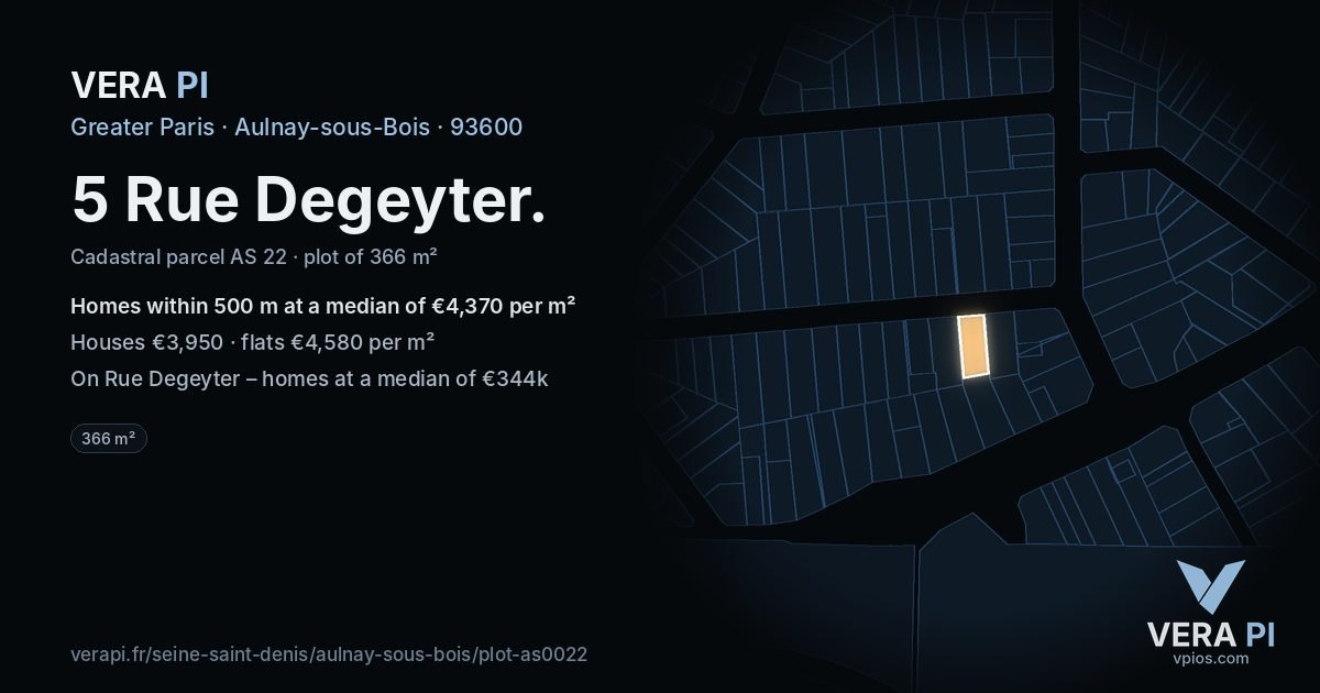 5 Rue Degeyter, Aulnay-sous-Bois at night – the plot lit, the parcels around coloured by the prices near them