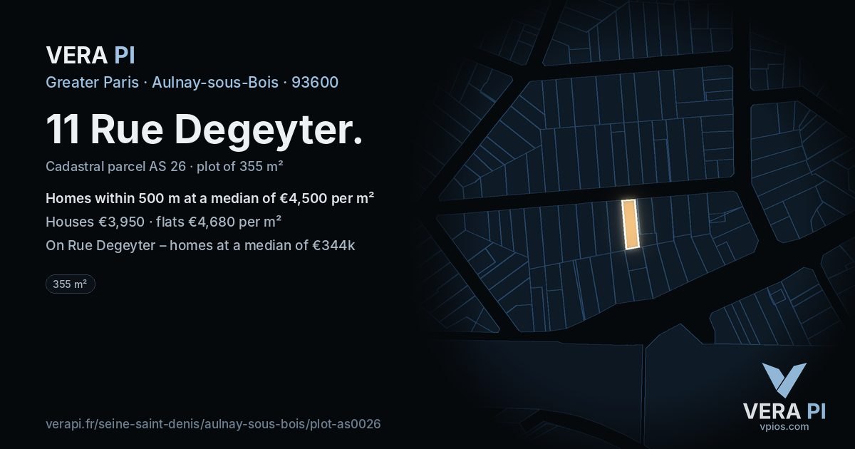 11 Rue Degeyter, Aulnay-sous-Bois at night – the plot lit, the parcels around coloured by the prices near them