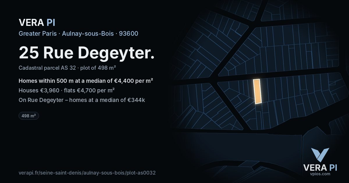 25 Rue Degeyter, Aulnay-sous-Bois at night – the plot lit, the parcels around coloured by the prices near them