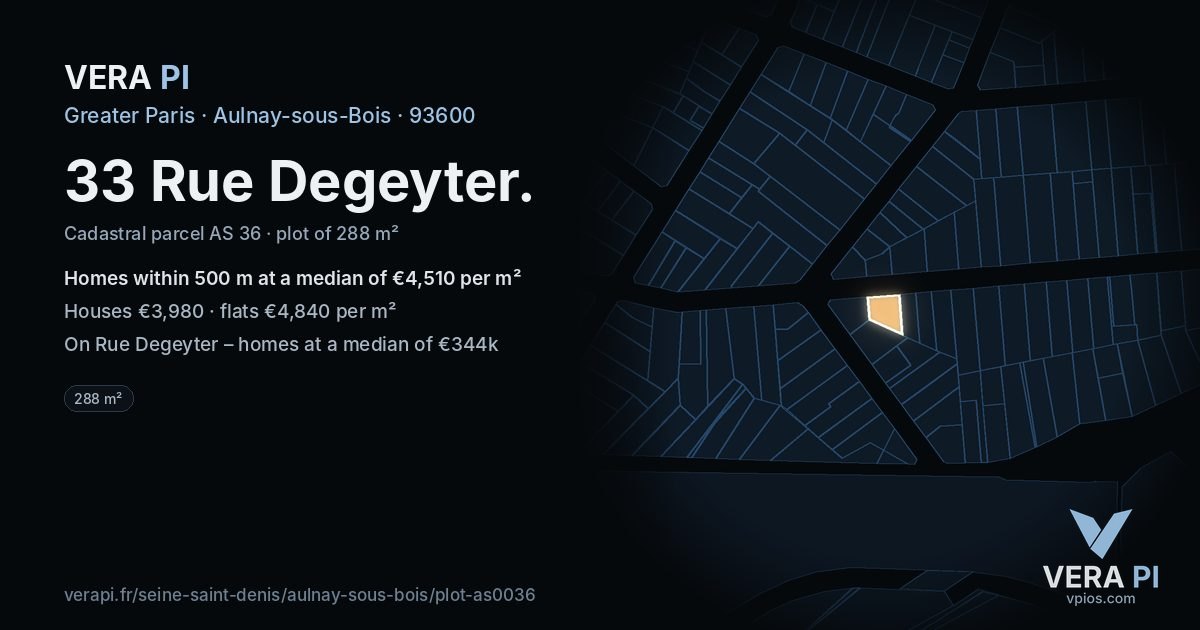 33 Rue Degeyter, Aulnay-sous-Bois at night – the plot lit, the parcels around coloured by the prices near them