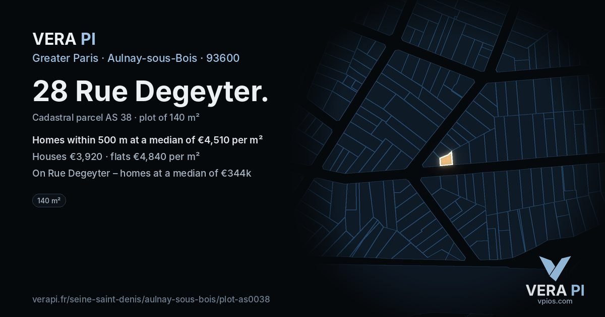 28 Rue Degeyter, Aulnay-sous-Bois at night – the plot lit, the parcels around coloured by the prices near them