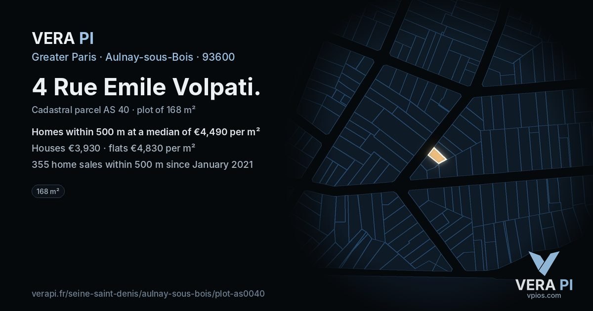 4 Rue Emile Volpati, Aulnay-sous-Bois at night – the plot lit, the parcels around coloured by the prices near them