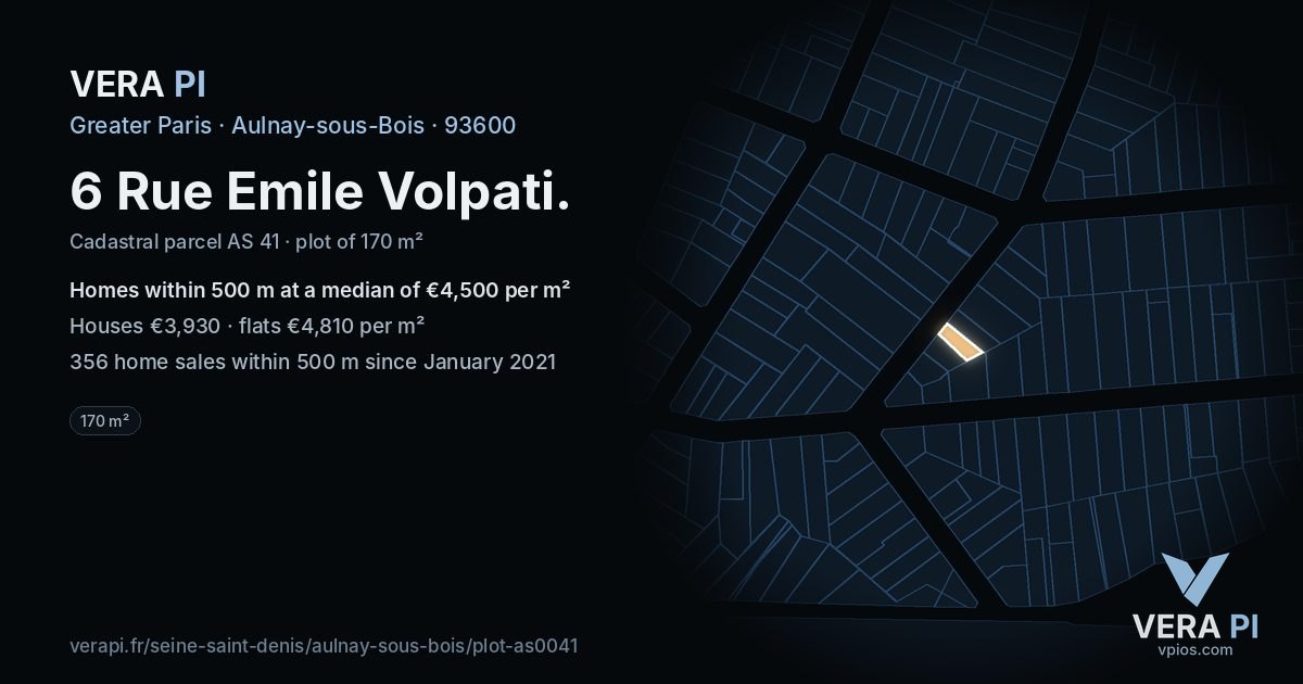 6 Rue Emile Volpati, Aulnay-sous-Bois at night – the plot lit, the parcels around coloured by the prices near them