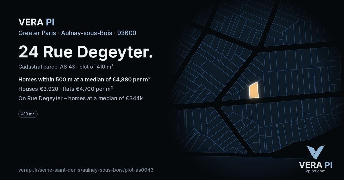 24 Rue Degeyter, Aulnay-sous-Bois at night – the plot lit, the parcels around coloured by the prices near them